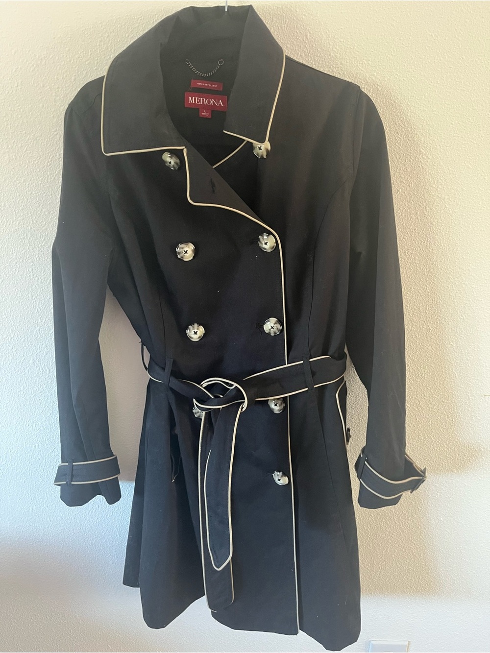 Merona Navy Trench Coat with Cream Piping Accents